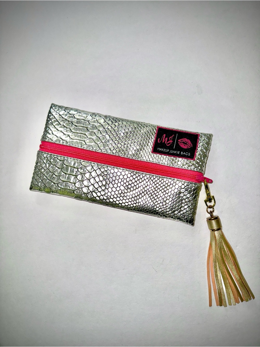 NEW Makeup Junkie Bag Silver Serpent Mini Pink Zipper Gold Tassel 8”x 4”
